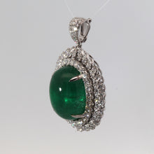 將圖片載入圖庫檢視器 18K White Gold Diamond Oval Cabochon Emerald Pendant E19.20CT D1.88CT