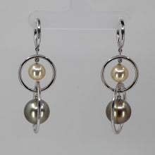 將圖片載入圖庫檢視器 18K White Gold Diamond Gold Black Pearl Hanging Earrings D2.16 CT