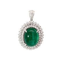將圖片載入圖庫檢視器 18K White Gold Diamond Oval Cabochon Emerald Pendant E19.20CT D1.88CT