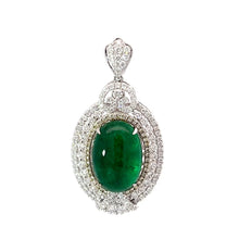將圖片載入圖庫檢視器 18K White Gold Diamond Oval Cabochon Emerald Pendant E8.13CT D1.50CT
