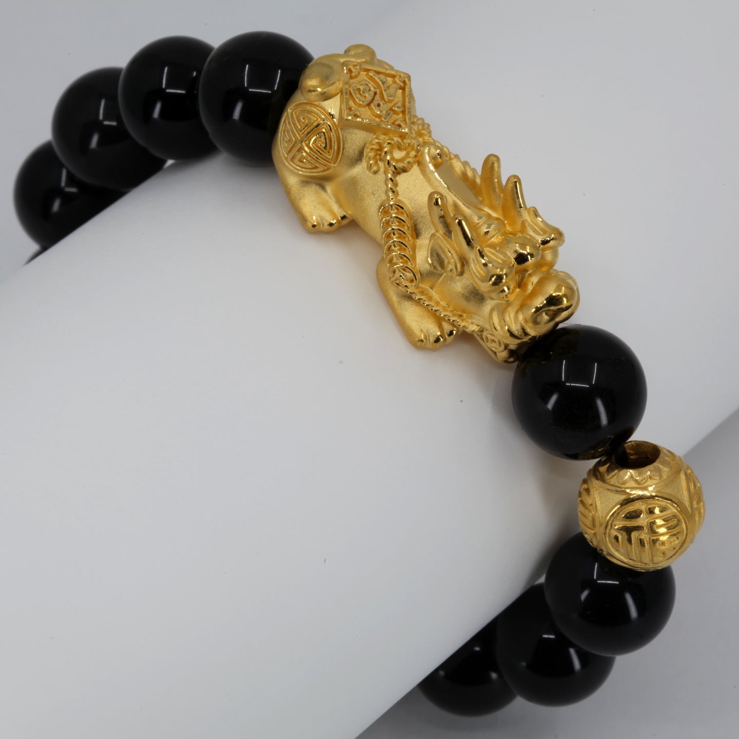 24K Solid Yellow Gold Pi Xiu Pi Yao 貔貅 Black Obsidian Bracelet 6.05 Grams