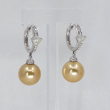 將圖片載入圖庫檢視器 18K White Gold Heart Shape Diamond South Sea Golden Pearl Hanging Hoop Earrings D0.74 CT