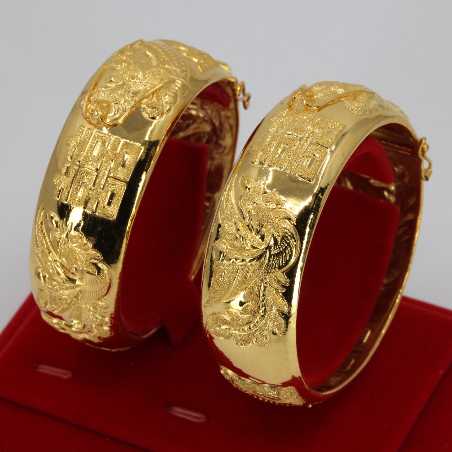 One Pair Of 24K Solid Yellow Gold Wedding Dragon Phoenix Bangles 58.9 Grams