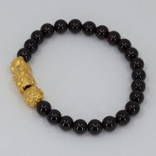 Load image into Gallery viewer, 24K Solid Yellow Gold Pi Xiu Pi Yao 貔貅 Black Obsidian Bracelet 3.3 Grams

