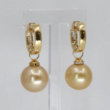 將圖片載入圖庫檢視器 18K Yellow Gold Diamond South Sea Golden Pearl Hanging Hoop Earrings D1.50 CT