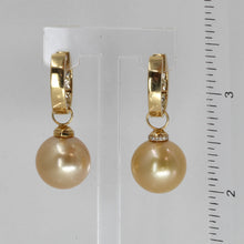 將圖片載入圖庫檢視器 18K Yellow Gold Diamond South Sea Golden Pearl Hanging Hoop Earrings D1.50 CT