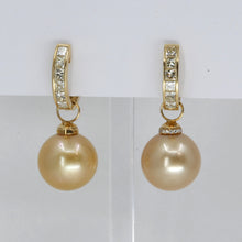 將圖片載入圖庫檢視器 18K Yellow Gold Diamond South Sea Golden Pearl Hanging Hoop Earrings D1.50 CT