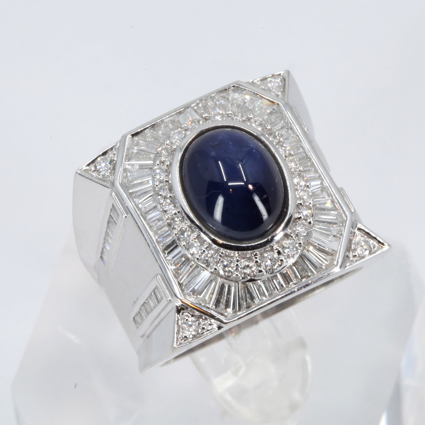 18K White Gold Men Diamond Cabochon Sapphire Ring S4.74CT