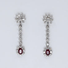 將圖片載入圖庫檢視器 18K Solid White Gold Diamond Flower Stud Ruby Hanging Earrings D1.70 CT