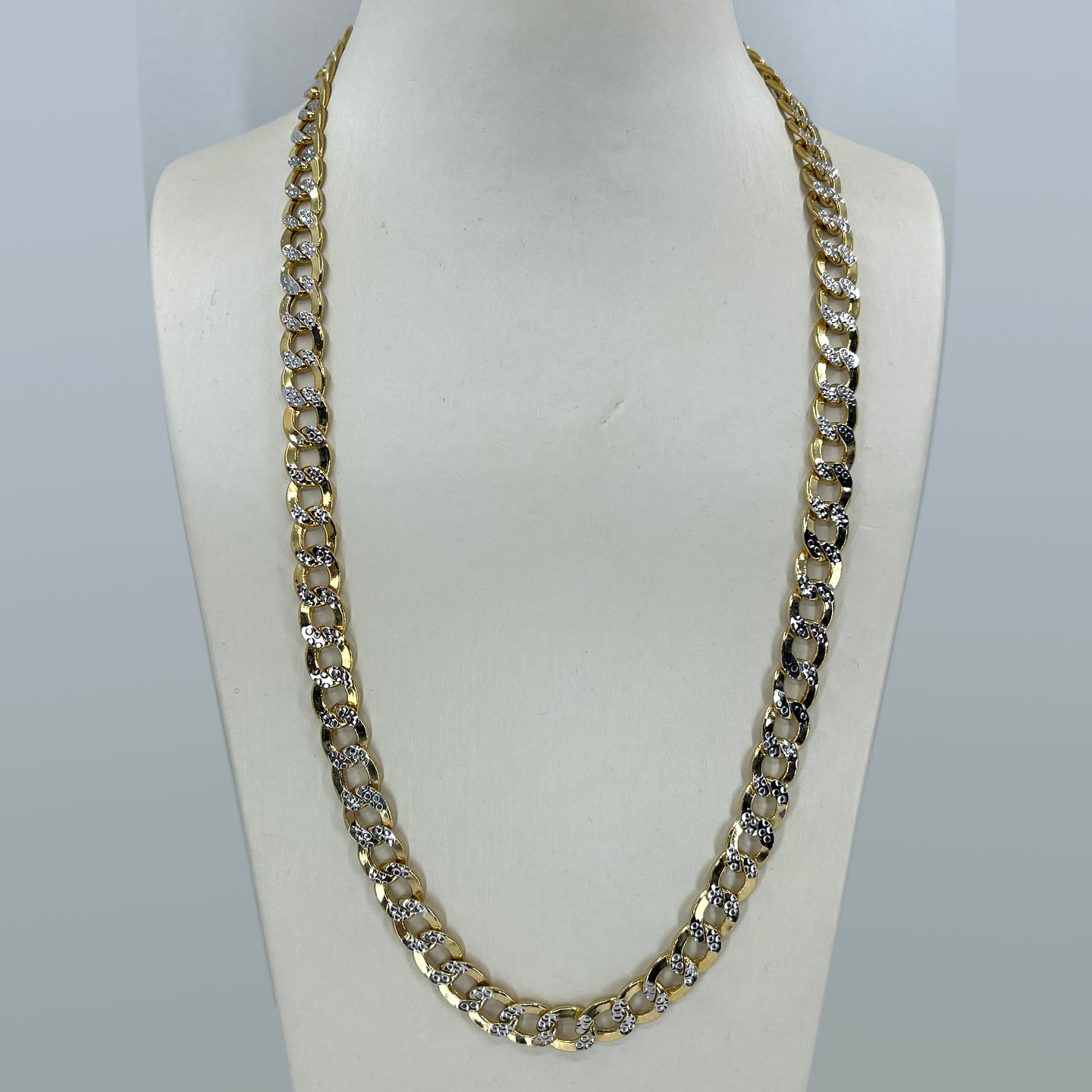 14K Solid Two Tone Yellow Gold Flat Cuban Link Hollow Chain 24