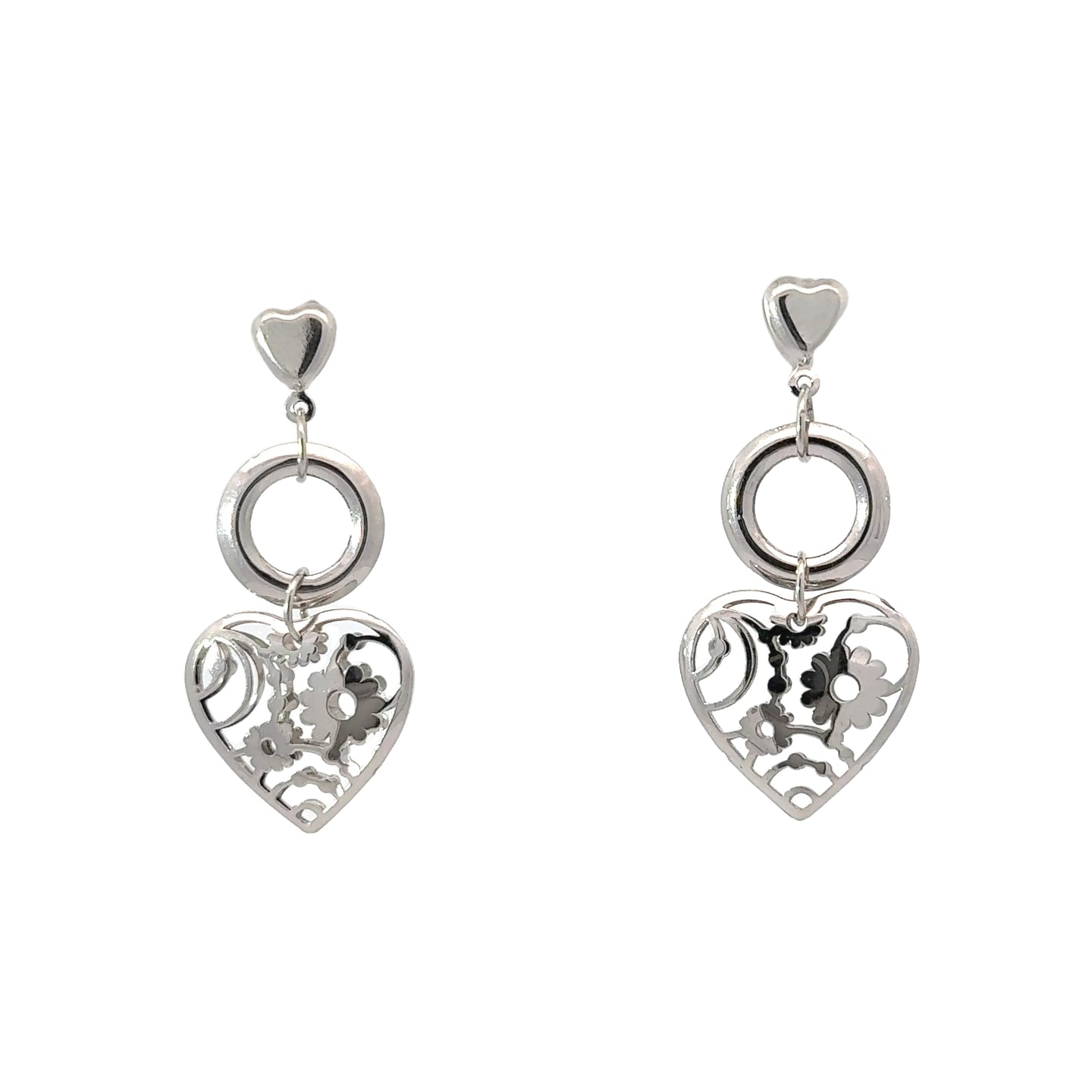 18K Solid White Gold Heart Gear Dangle Earrings