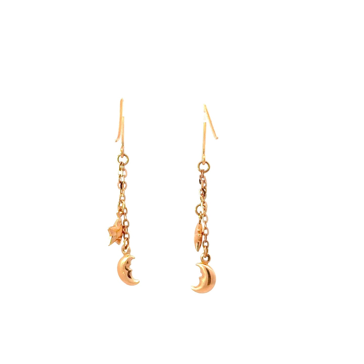 18K Solid Rose Gold Moon And Star Dangle Earrings