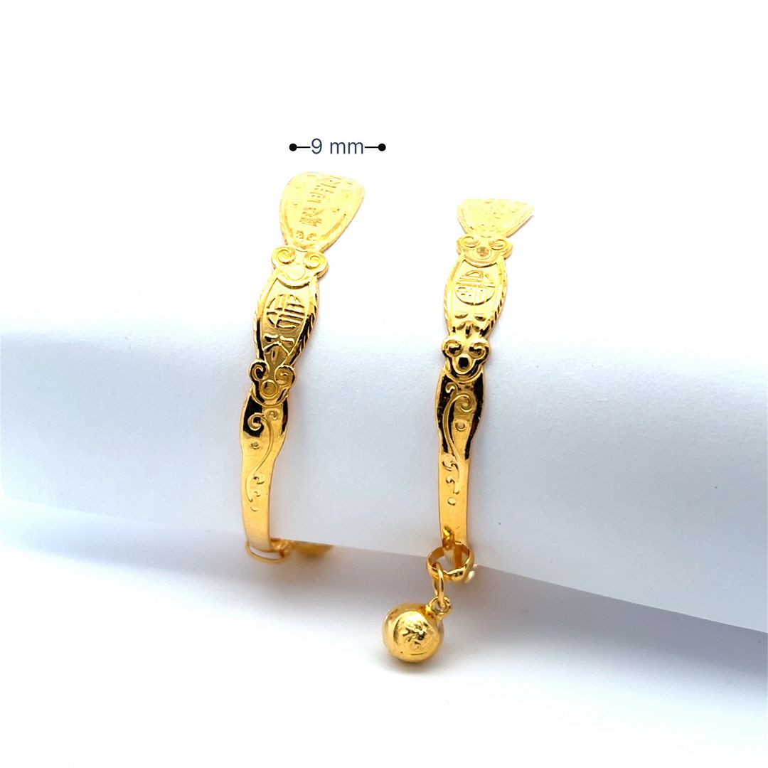 One Pair of 24K Solid Yellow Gold Baby Bell bangles 21.3 Grams