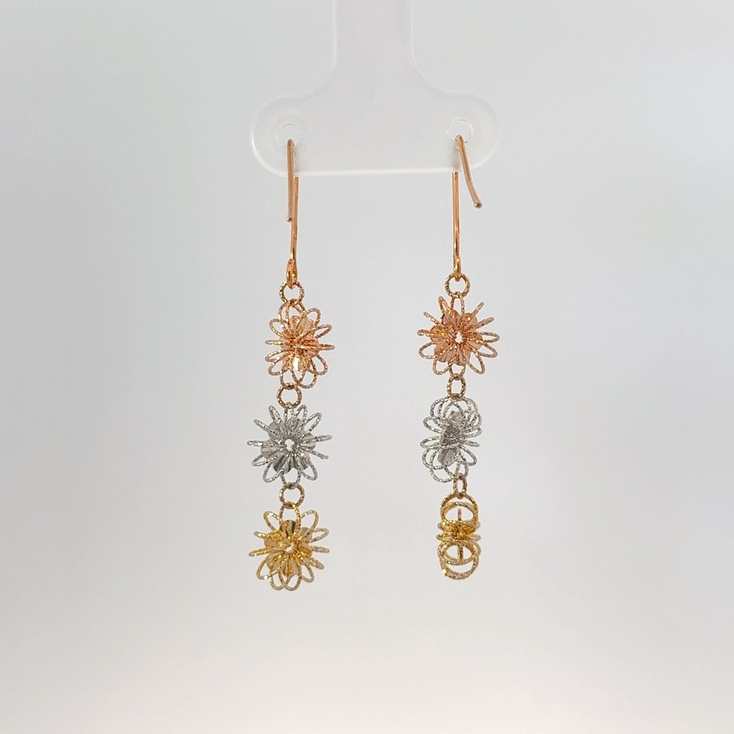 18K Solid Tri-Color Gold Floral Drop Earrings