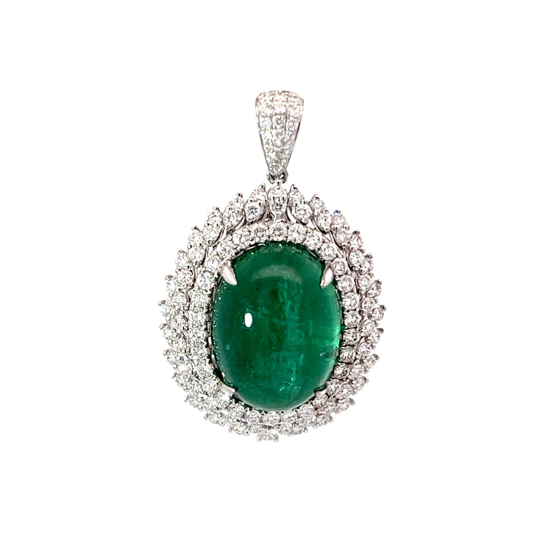 18K White Gold Diamond Oval Cabochon Emerald Pendant E19.20CT D1.88CT