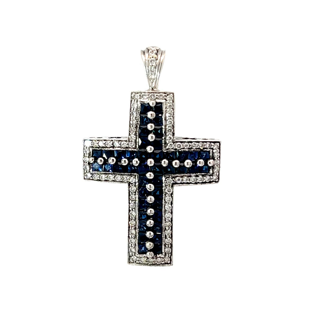 18K White Gold Diamond Sapphire Cross Pendant S1.05CT D0.80CT