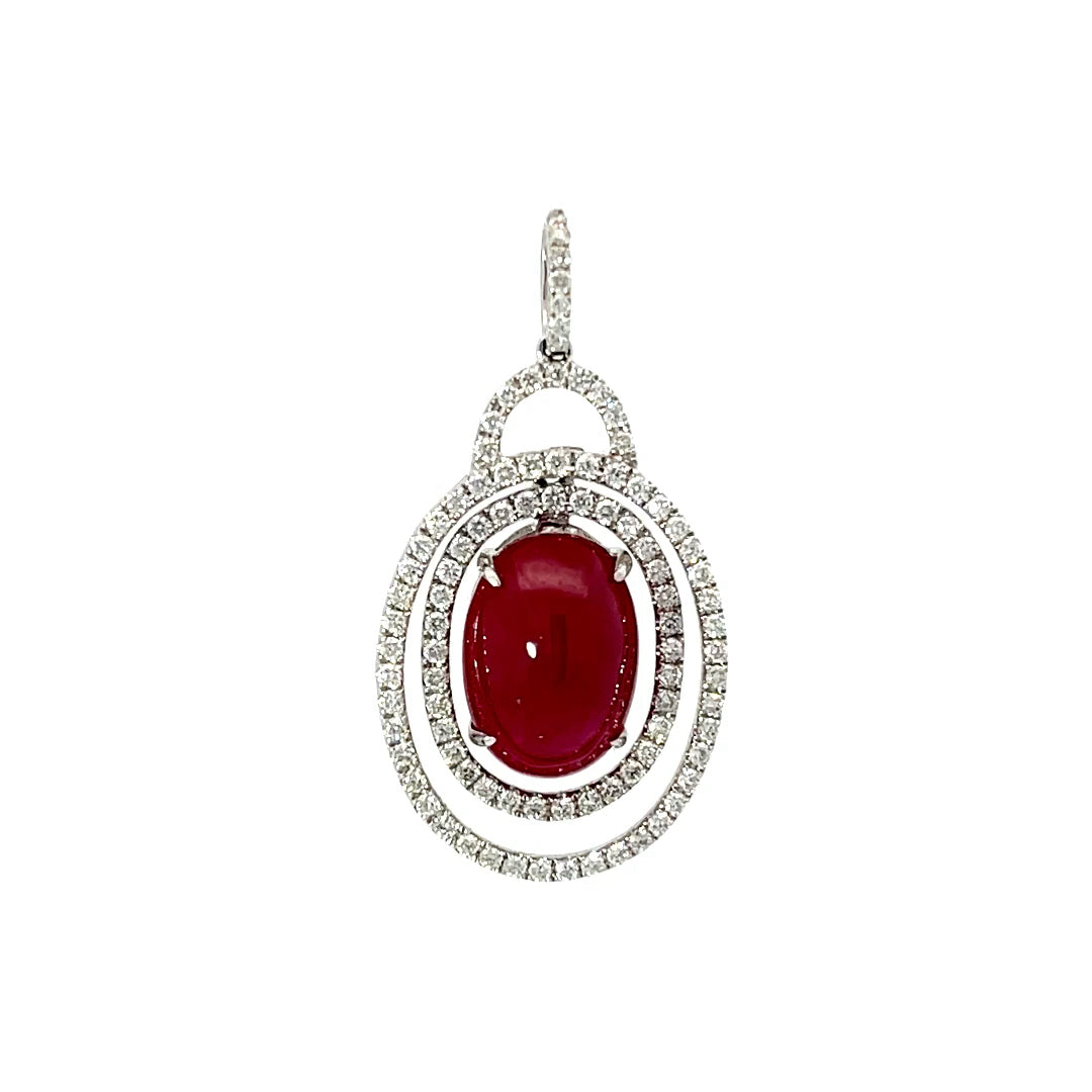 18K White Gold Diamond Oval Cabochon Ruby Pendant
