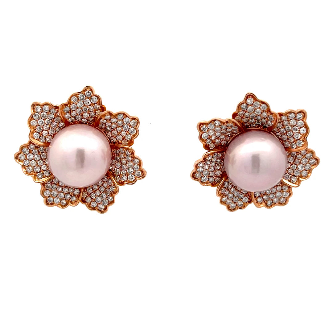 18K Solid Rose Gold Diamond Light Purple Water Pearl Earrings D2.80 CT