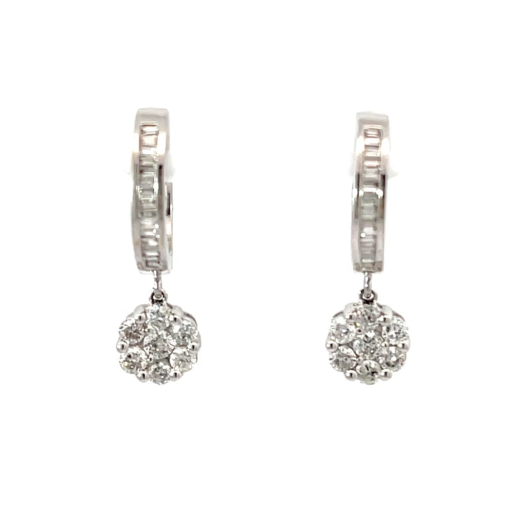 18K Solid White Gold Diamond Hoop Earrings with Hanging Flower D0.80 CT
