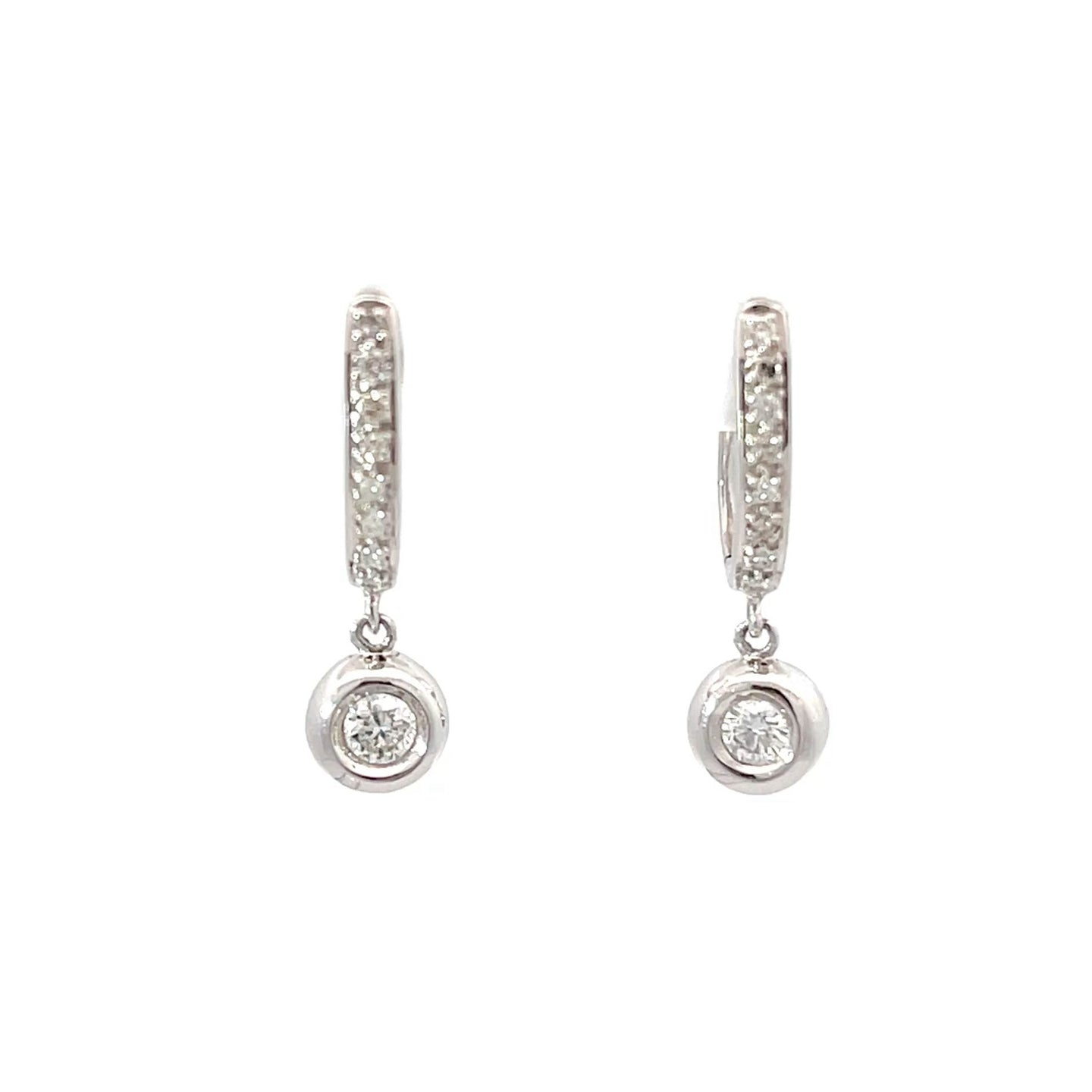 18K Solid White Gold Diamond Hoop Earrings with Hanging Stud D0.34 CT