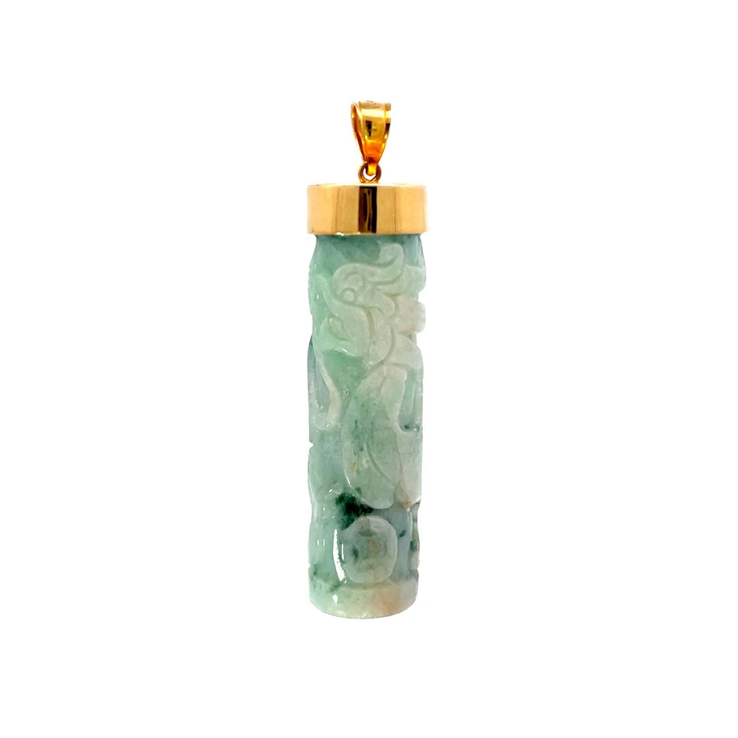 14K Solid Yellow Gold Jade Dragon Pillar Pendant 23.8 Grams