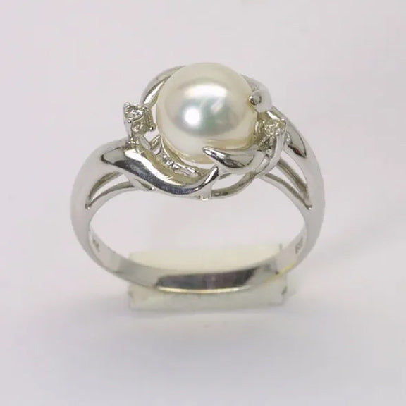 14K白金鑽石白色珍珠戒指
