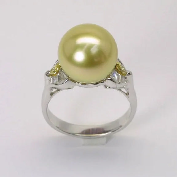 18K白金鑽石南洋金色珍珠戒指