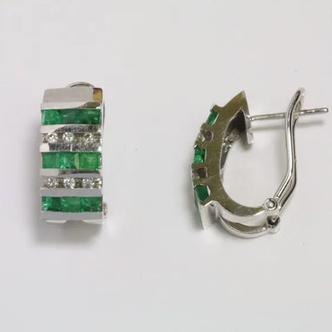 14K White Gold Diamond Emerald Earrings