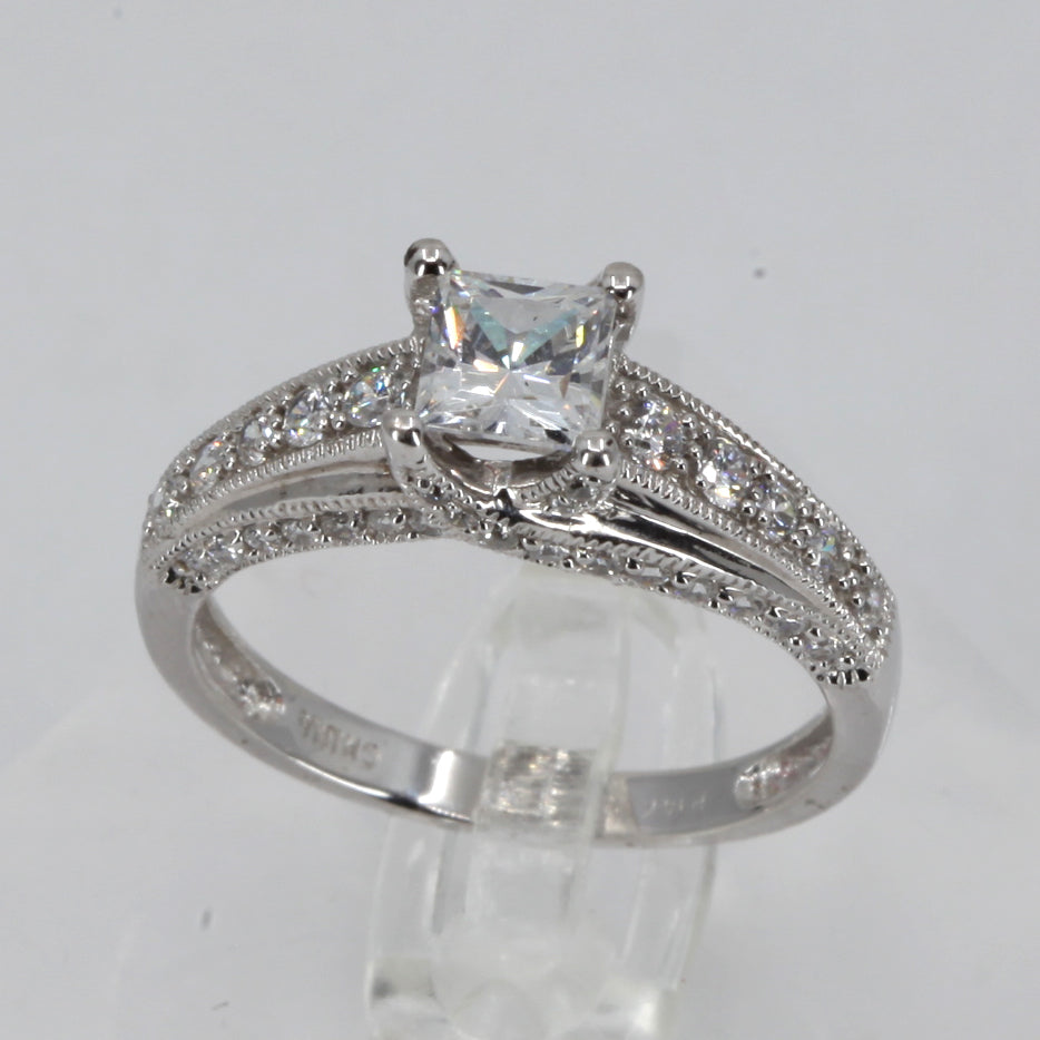 14K White Gold Cubic Zirconia Princess Cut Woman Engagement Ring 4.3 Grams
