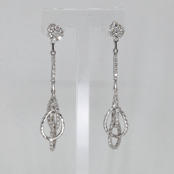 18K Solid White Gold Diamond Hanging Flower Stud Earrings D2.38 CT