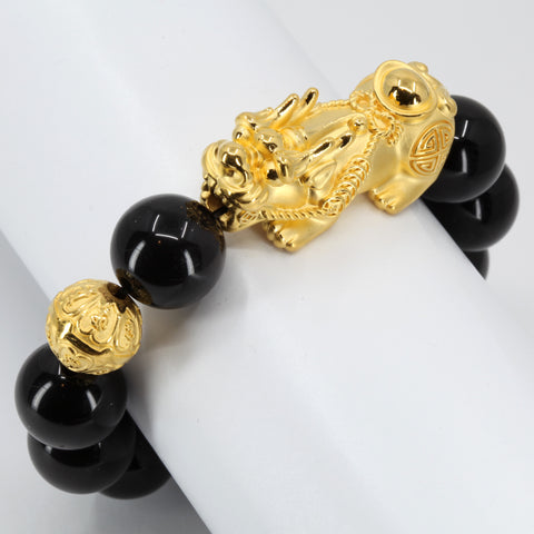 24K Solid Yellow Gold Pi Xiu Pi Yao 貔貅 Black Obsidian Bracelet 9.35 Grams