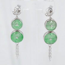 將圖片載入圖庫檢視器 14K White Gold Diamond Green Round Jade Hanging Earrings D0.10 CT
