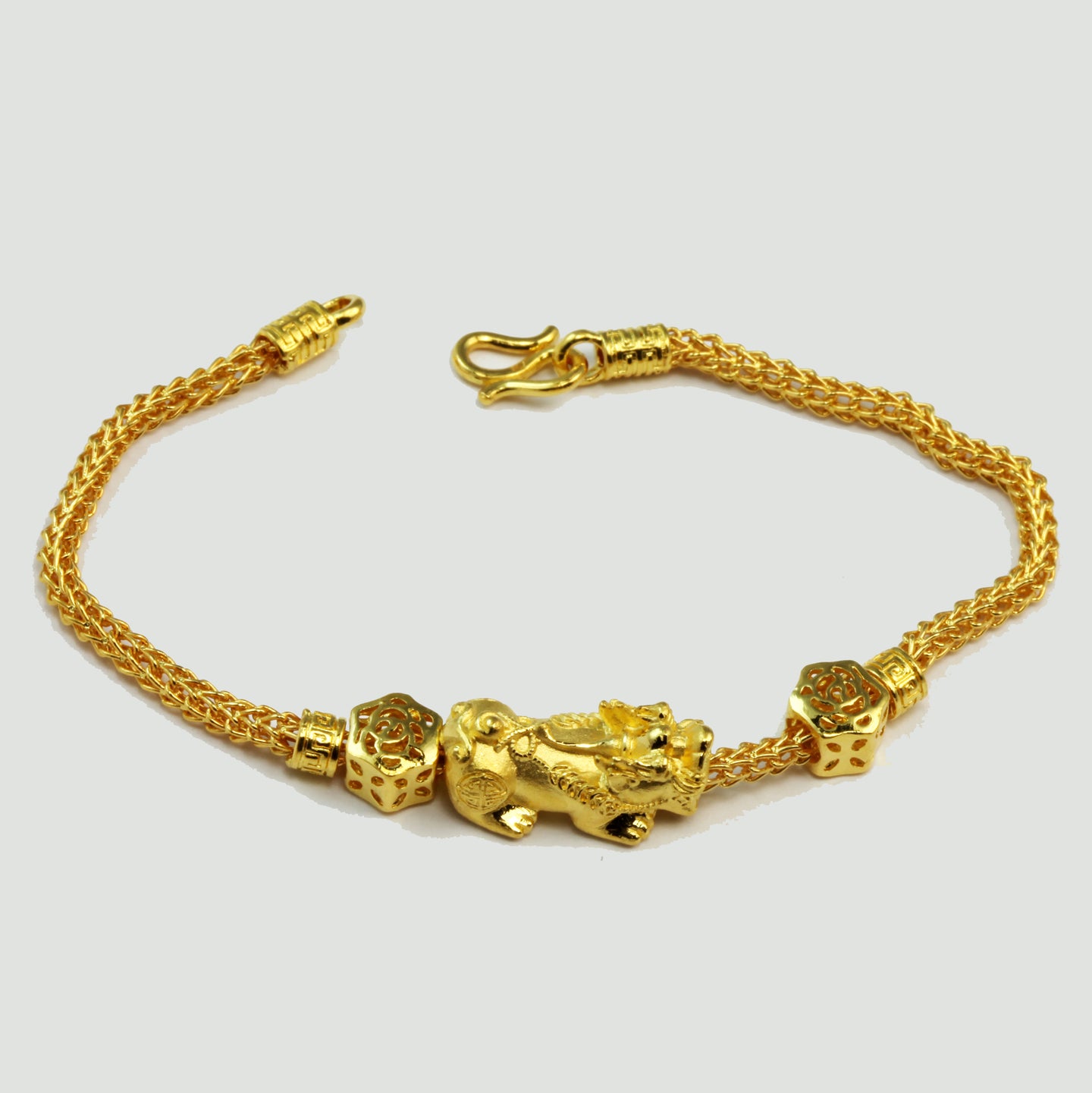24K Solid Yellow Gold Pi Xiu Pi Yao 貔貅 Bracelet 15.8 Grams