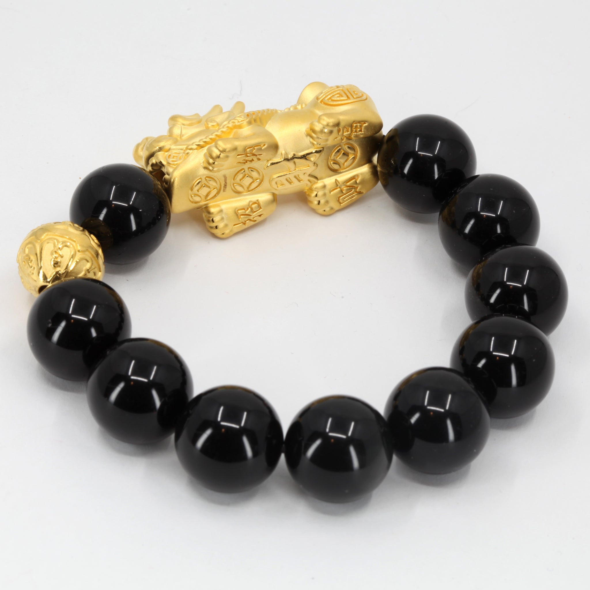 24K Solid Yellow Gold Pi Xiu Pi Yao 貔貅 Black Obsidian Bracelet 