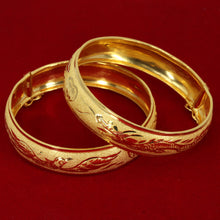 將圖片載入圖庫檢視器 One Pair Of 24K Solid Yellow Gold Wedding Dragon Phoenix Bangles 22.2 Grams
