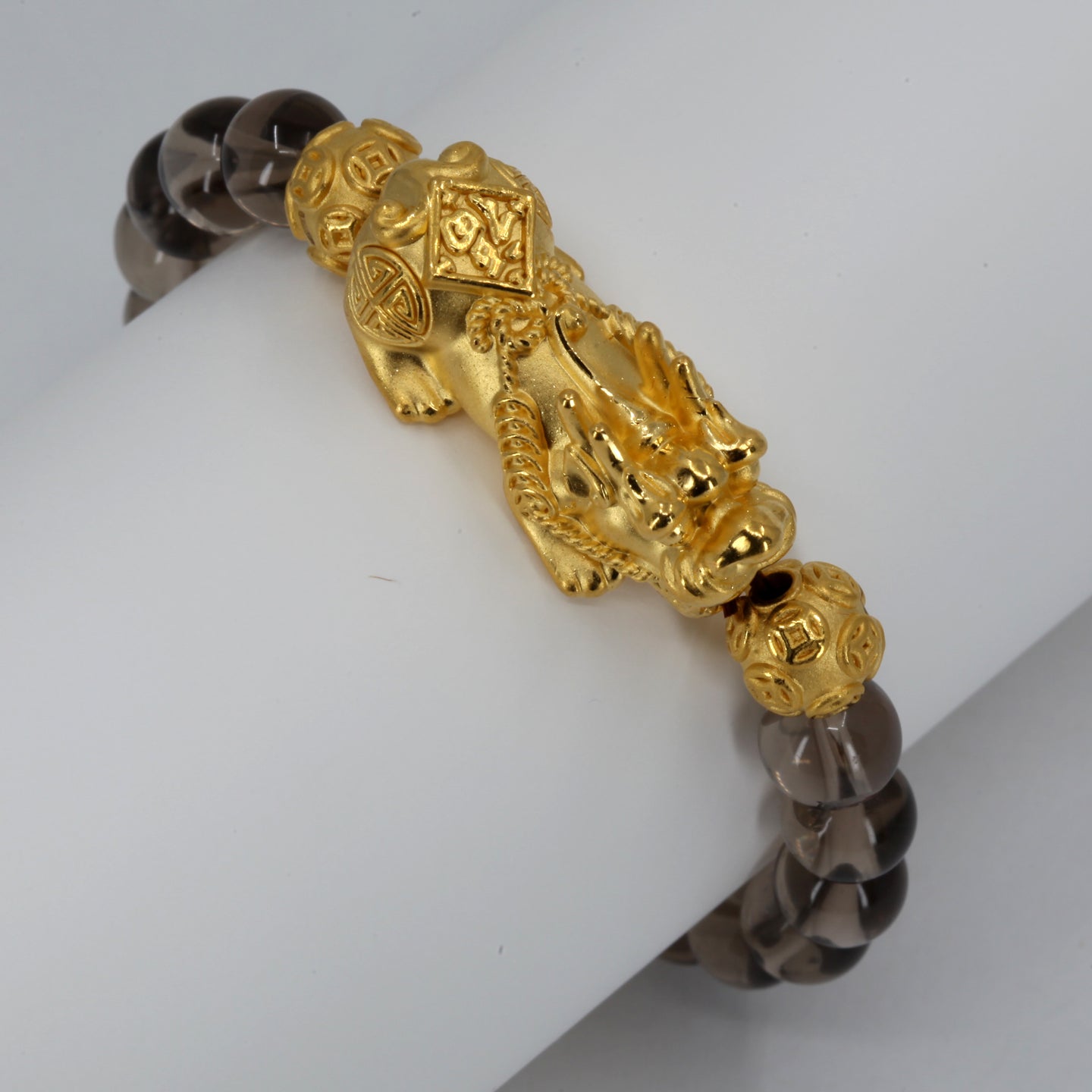 24K Solid Yellow Gold Pi Xiu Pi Yao 貔貅 Clear Obsidian Bracelet 4.88 Grams