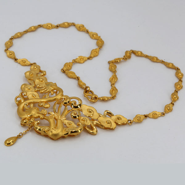 24K Solid Yellow Gold Wedding Dragon Phoenix Chain Necklace 46.6 Grams