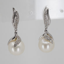 Load image into Gallery viewer, 14K White Gold Diamond White Pearl Hanging French Clip Earrings D0.39 CT
