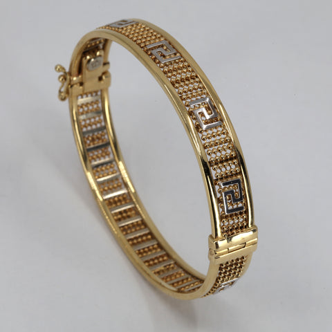 14K Solid Yellow White Gold Two Tone Woman Mesh Shine Finish Oval Bangle 16.1 Grams