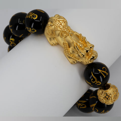 24K Solid Yellow Gold Pi Xiu Pi Yao 貔貅 Black Obsidian Bracelet 7.45 Grams