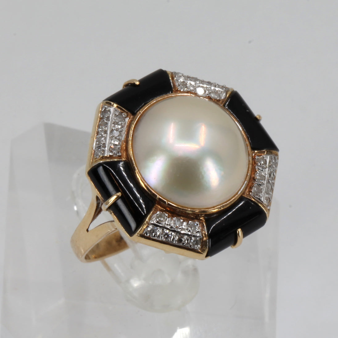 14K Solid Yellow Gold Diamond Mabe Pearl Onyx Ring 5.8 Grams