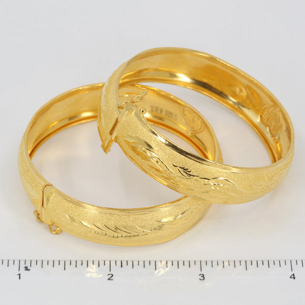 One Pair Of 24K Solid Yellow Gold Wedding Dragon Phoenix Bangles 22.2 Grams