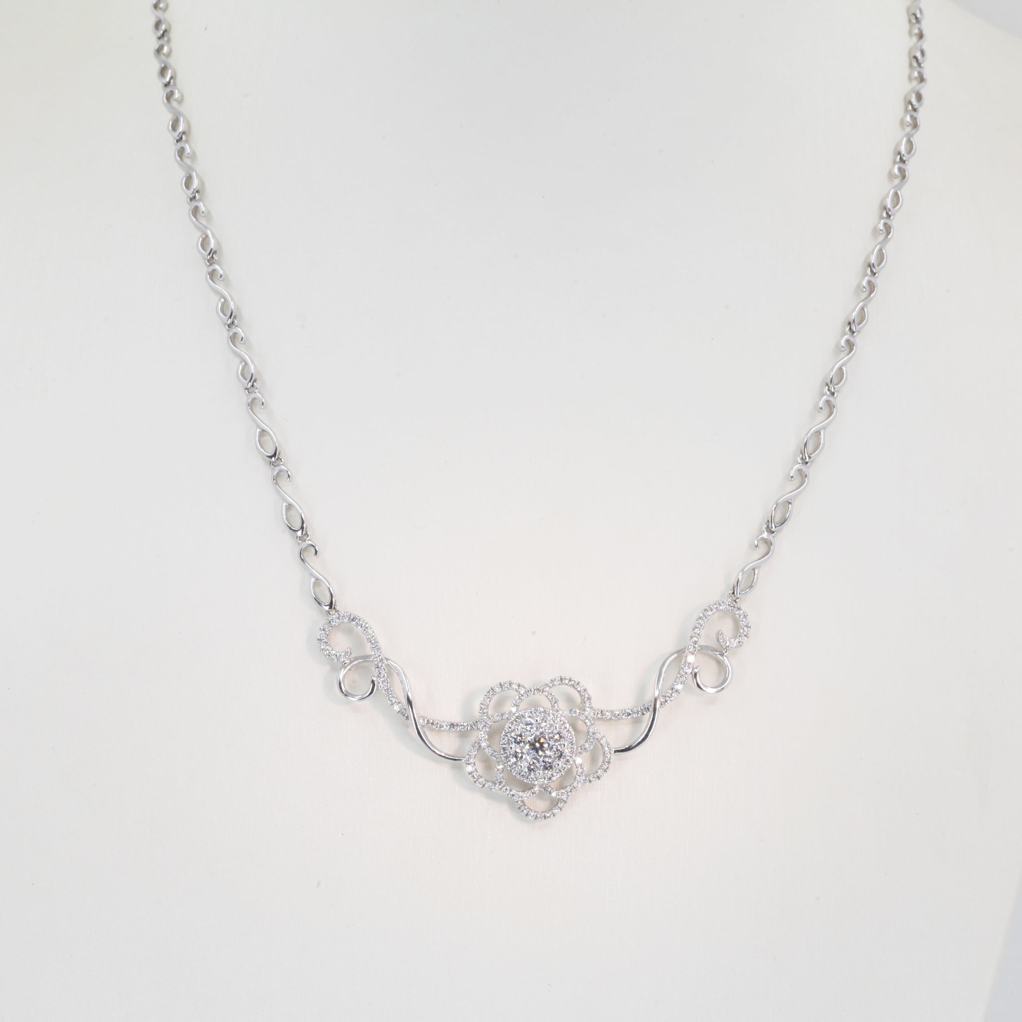 18K Solid White Gold Diamond Necklace 1.30 CT