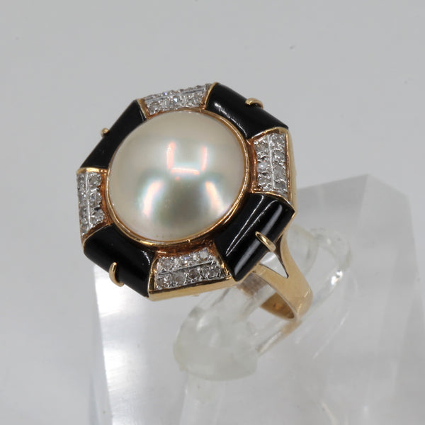 14K Solid Yellow Gold Diamond Mabe Pearl Onyx Ring 5.8 Grams
