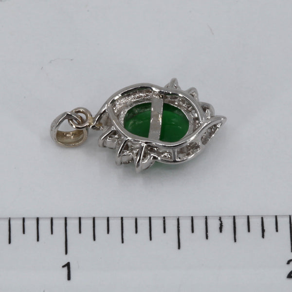 18K Solid White Gold Diamond Oval Jade Pendant 2.4 Grams