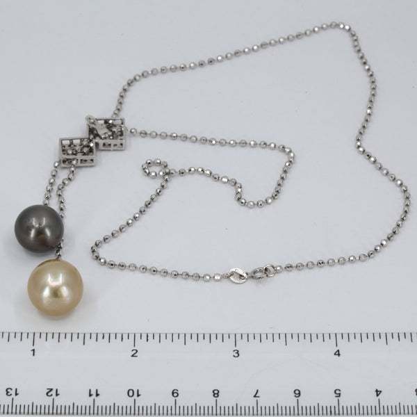 18K Solid White Gold Diamond Golden Gray South Sea Pearls Necklace 18.4 Grams