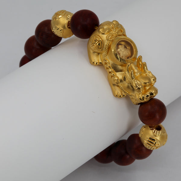 24K Solid Yellow Gold Pi Xiu Pi Yao 貔貅 Brown Obsidian Bracelet 9.86 Grams