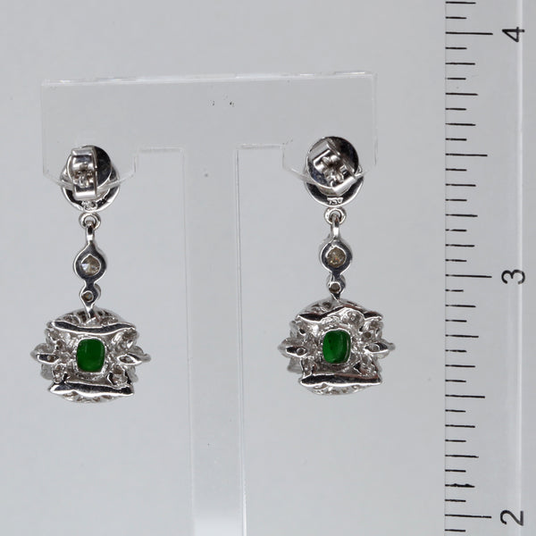 18K White Gold Diamond Green Jade Hanging Earrings D2.12 CT