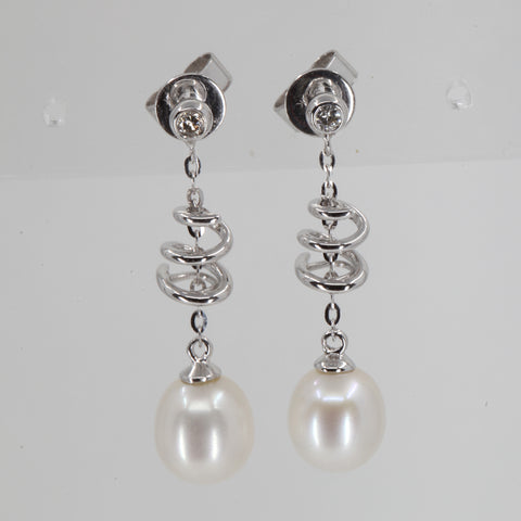 14K White Gold Diamond White Pearl Hanging Earrings D0.02 CT