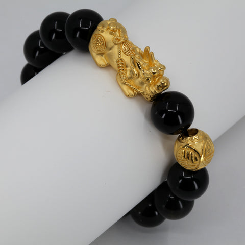 24K Solid Yellow Gold Pi Xiu Pi Yao 貔貅 Black Obsidian Bracelet 4.35 Grams